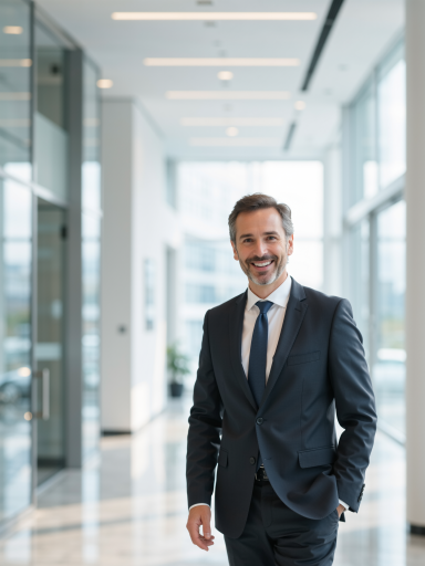 三十岁左右男性头像，穿深灰色西装，白色衬衫，蓝色背景，专业商务形象，自信微笑，明亮自然光